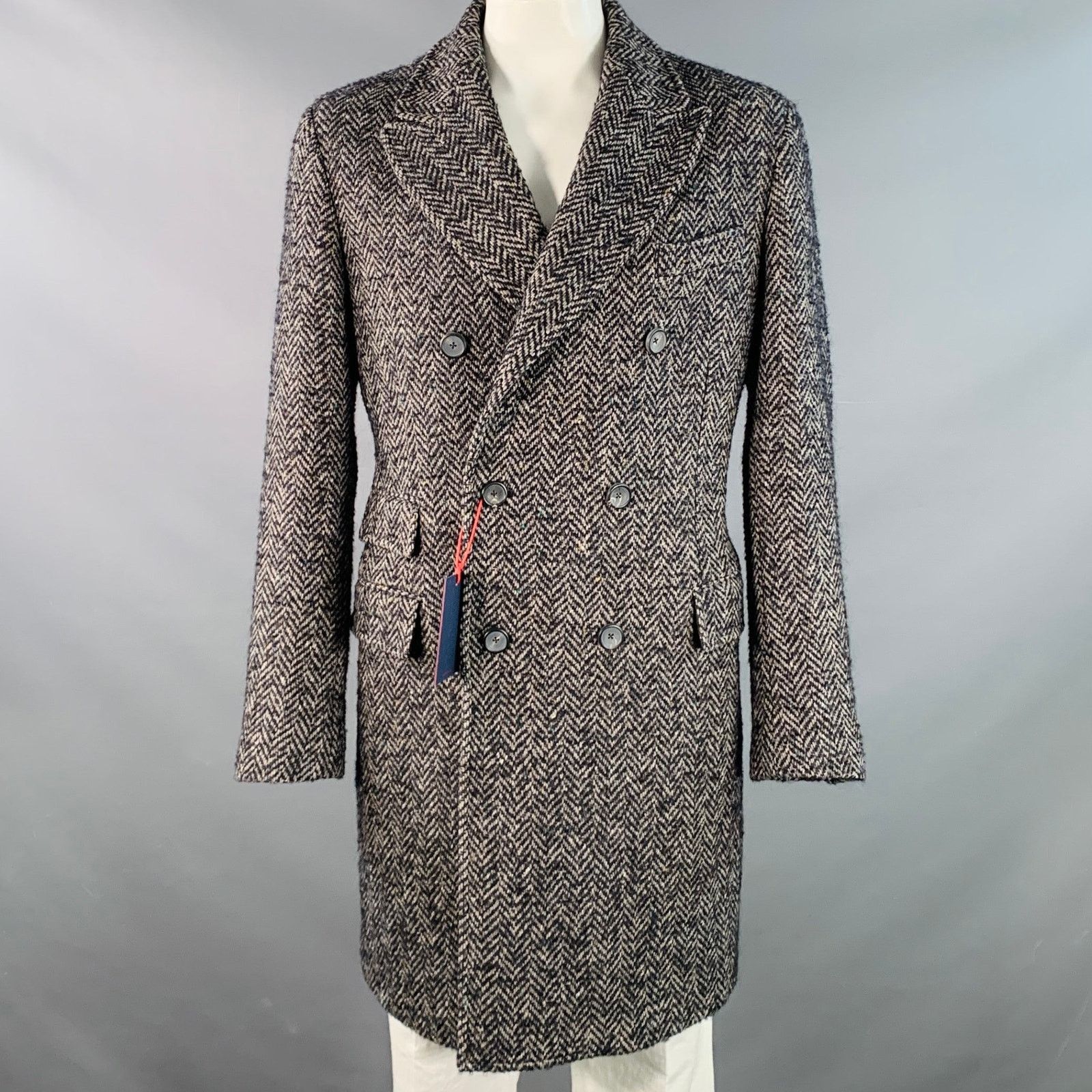 Other Grey Black Herringbone Wool Double Breasted Peak Lapel Coat Size US XL / EU 56 / 4 - 1 Thumbnail