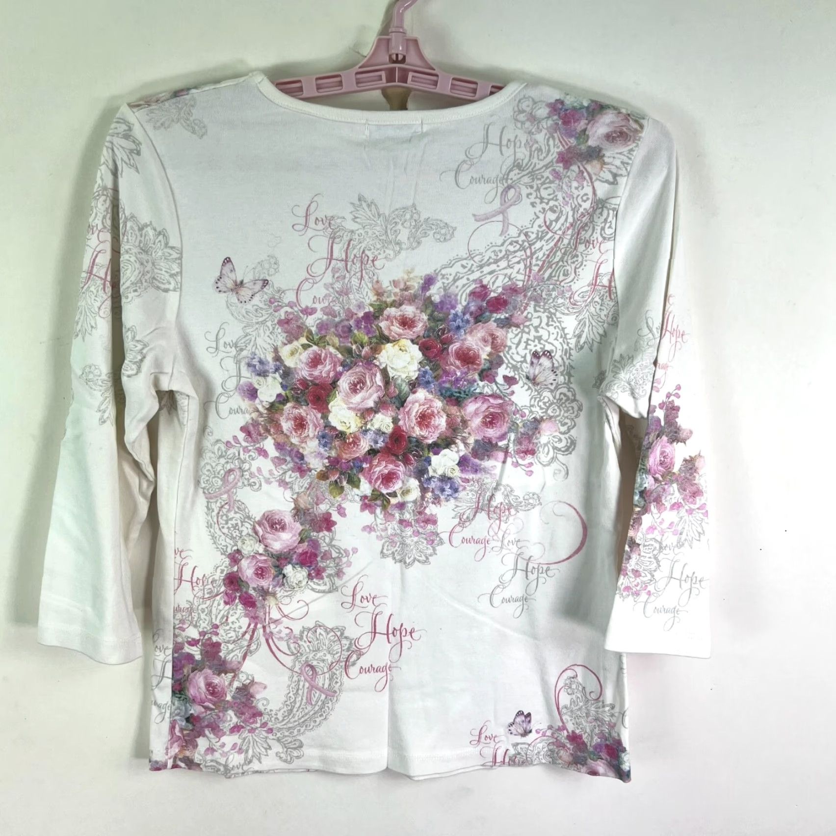 Hope VINTAGE Bradford Exchange Courage Love Hope Floral Top Womens S Pink White Round Neck Long Sleeve T-Shirt - Mens? (Wait) Size S / US 4 / IT 40 - 5 Thumbnail