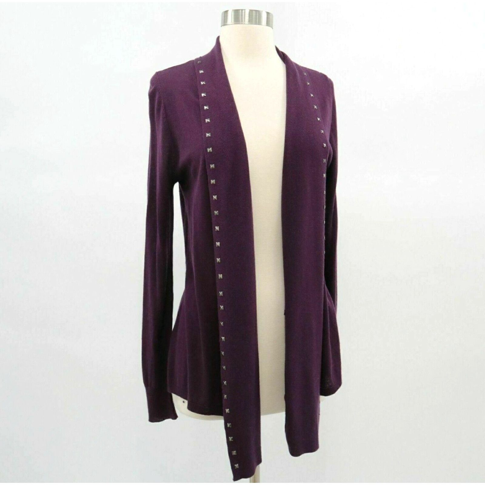 image of Jigsaw Cardigan Sweater Womens S Small Purple Silk Cashmere Open Front Studs in White