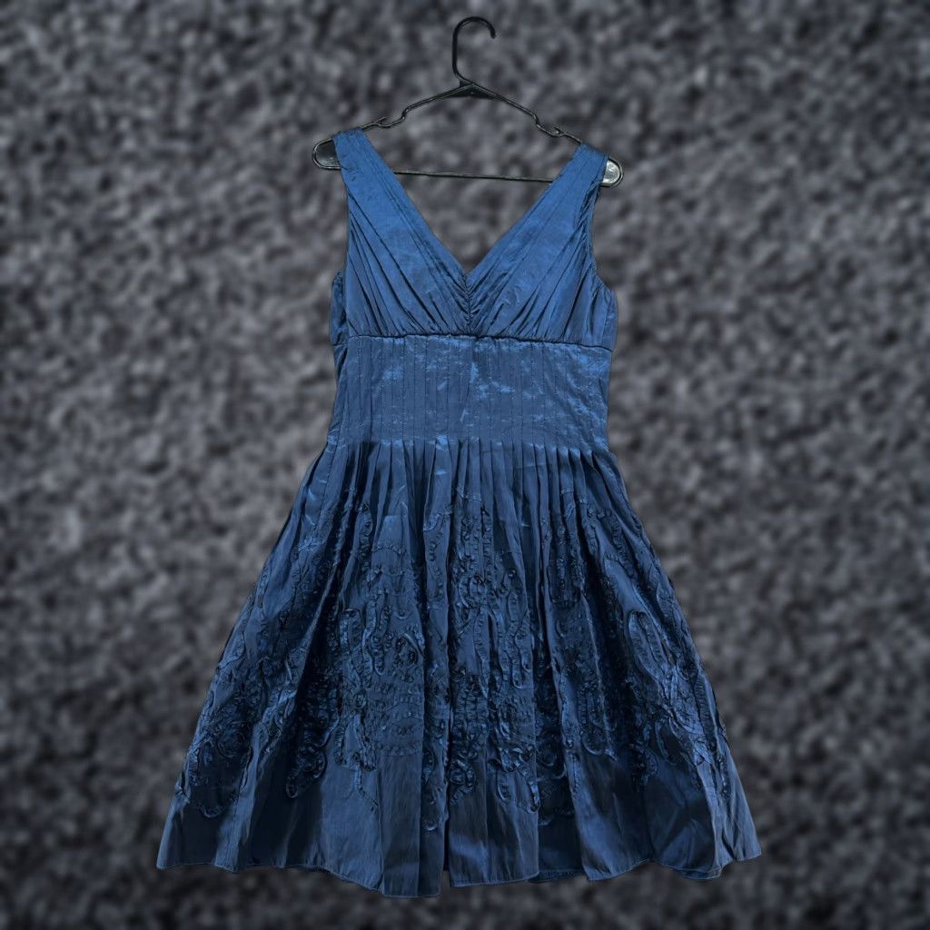 Vintage Suzi Chin Fit & Flare Dress Blue Women's 8P Sleeveless V-Neck Midi Cocktail Party Formal Petite Size M / US 6-8 / IT 42-44 - 1 Thumbnail
