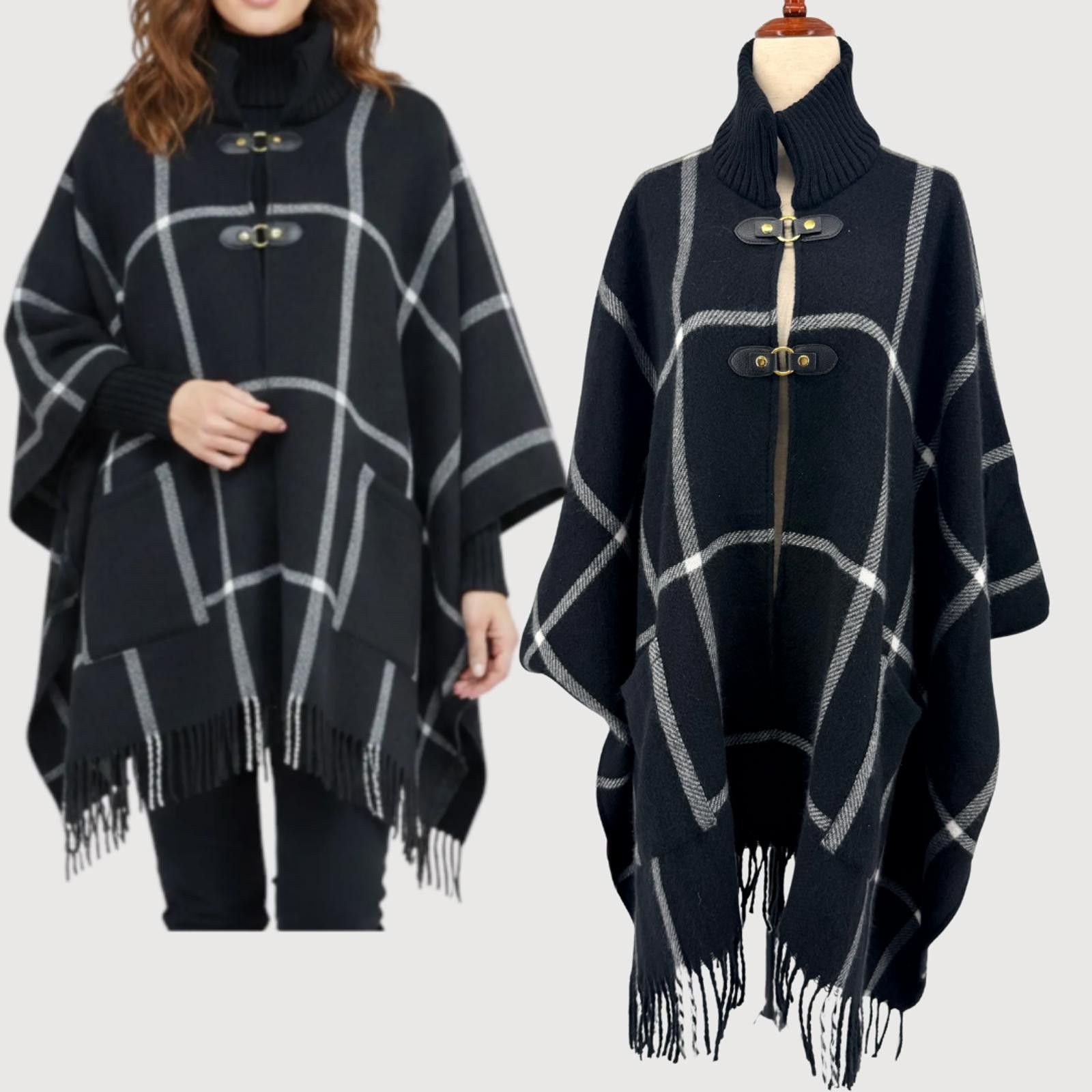 London Fog London Fog Plaid Ruana Cape Black White Toggle OS Size ONE SIZE - 1 Thumbnail