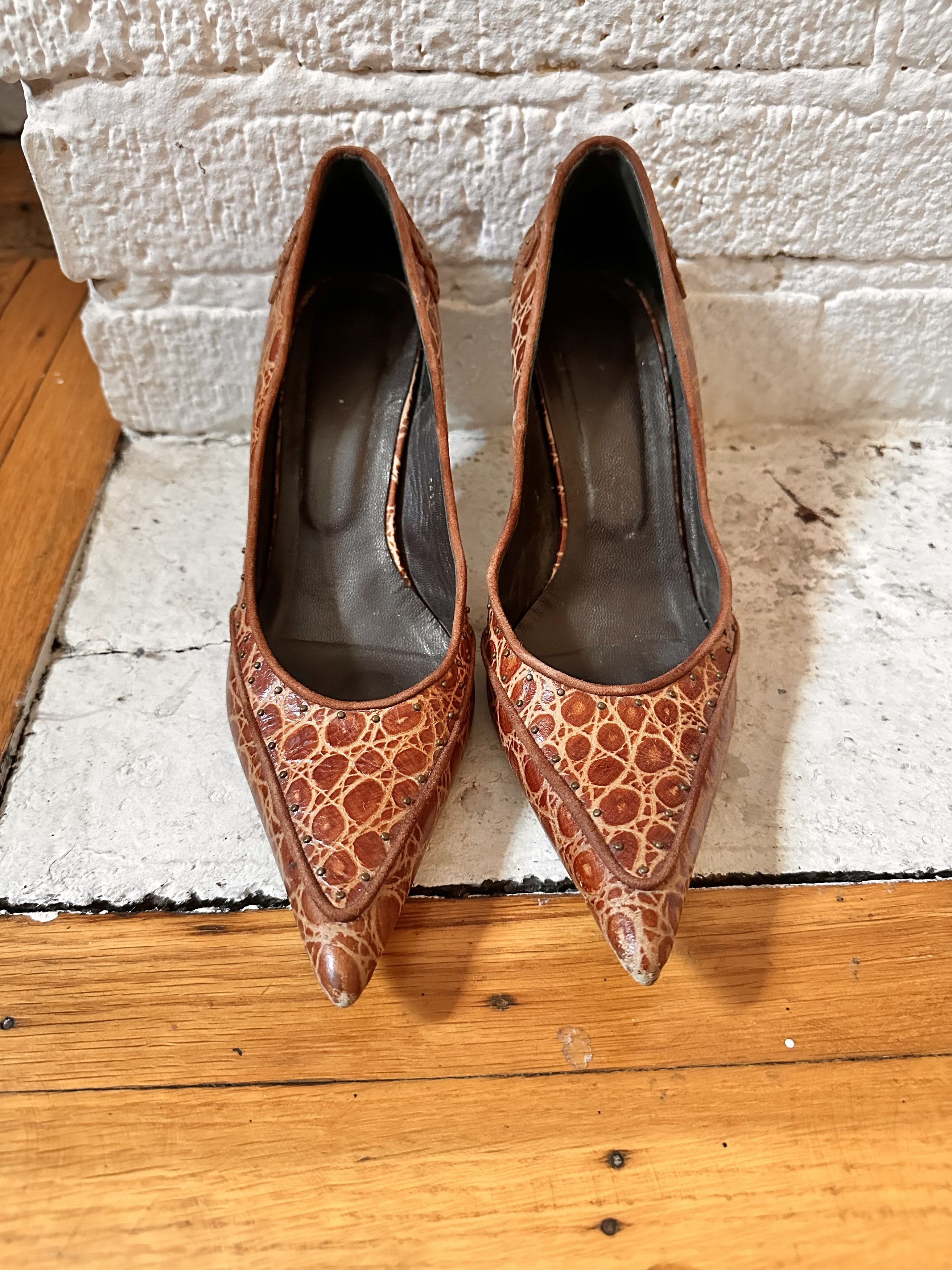 Leather VINTAGE Y2K DESIGNER BROWN LEATHER STUDDED HEELS_ 8US Size US 8 / IT 38 - 1 Thumbnail