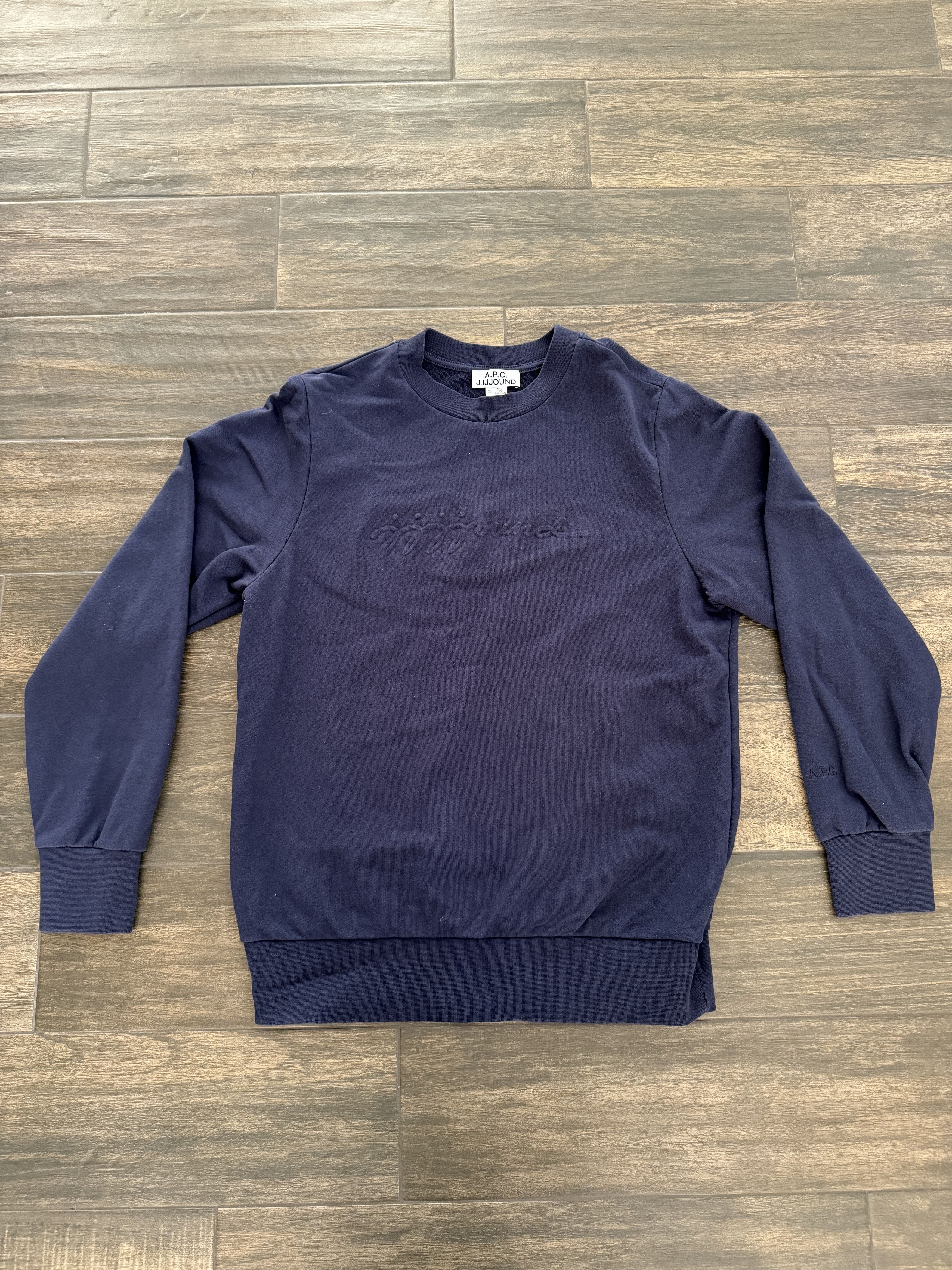 image of A P C x Jjjjound Justin Embossed Logo Crewneck in Navy, Men's (Size XL)