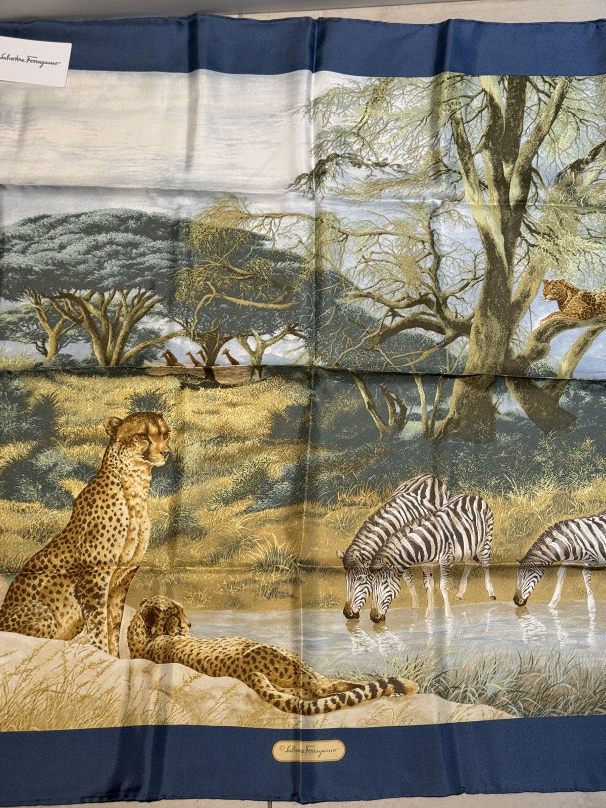 Salvatore Ferragamo Ferragamo Animal Scarf Vintage Blue Savannah Leopard Size ONE SIZE - 2 Thumbnail