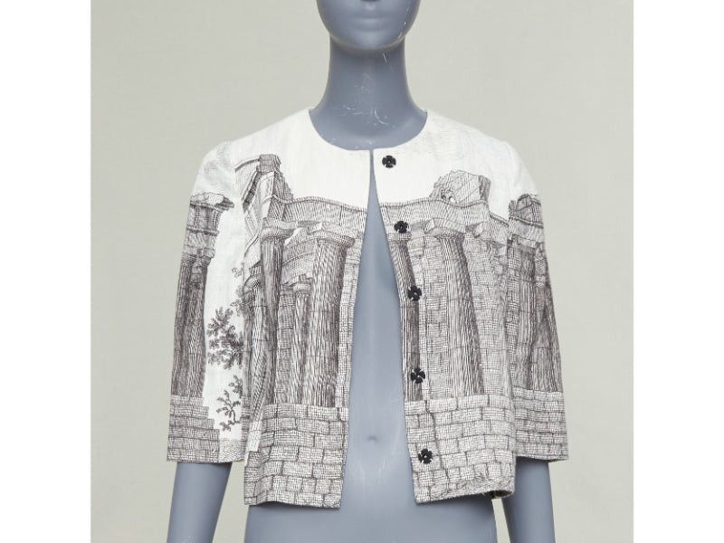 Dolce & Gabbana DOLCE GABBANA 2014 cream linen grey Greek Temple printed flax cropped jacket IT40 S Size S / US 4 / IT 40 - 1 Thumbnail
