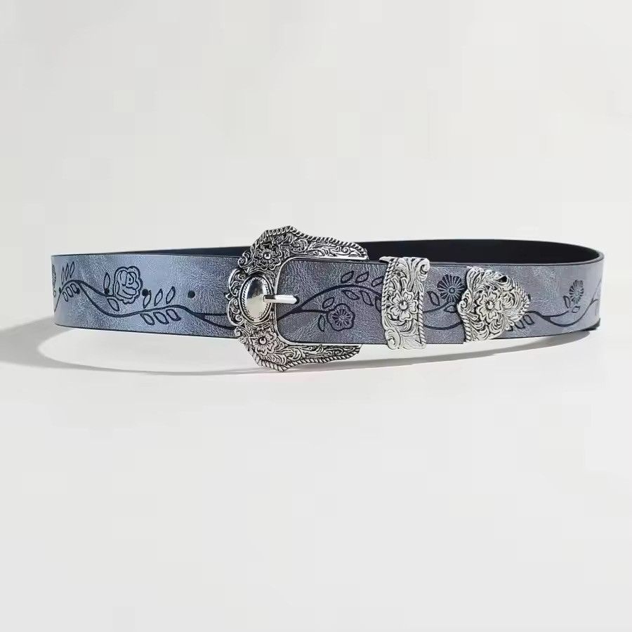 Japanese Brand Floral Embossed Western Belt - PU Leather Size ONE SIZE - 3 Thumbnail
