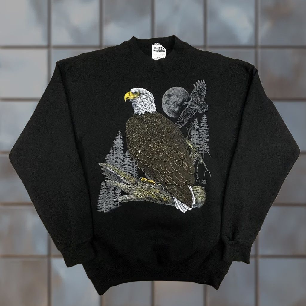 Tultex VINTAGE Bald Eagle Sweatshirt Mens L Black 90s Tultex Superweight Graphic Print Front Moon USA Tree Forest Size US L / EU 52-54 / 3 - 1 Thumbnail