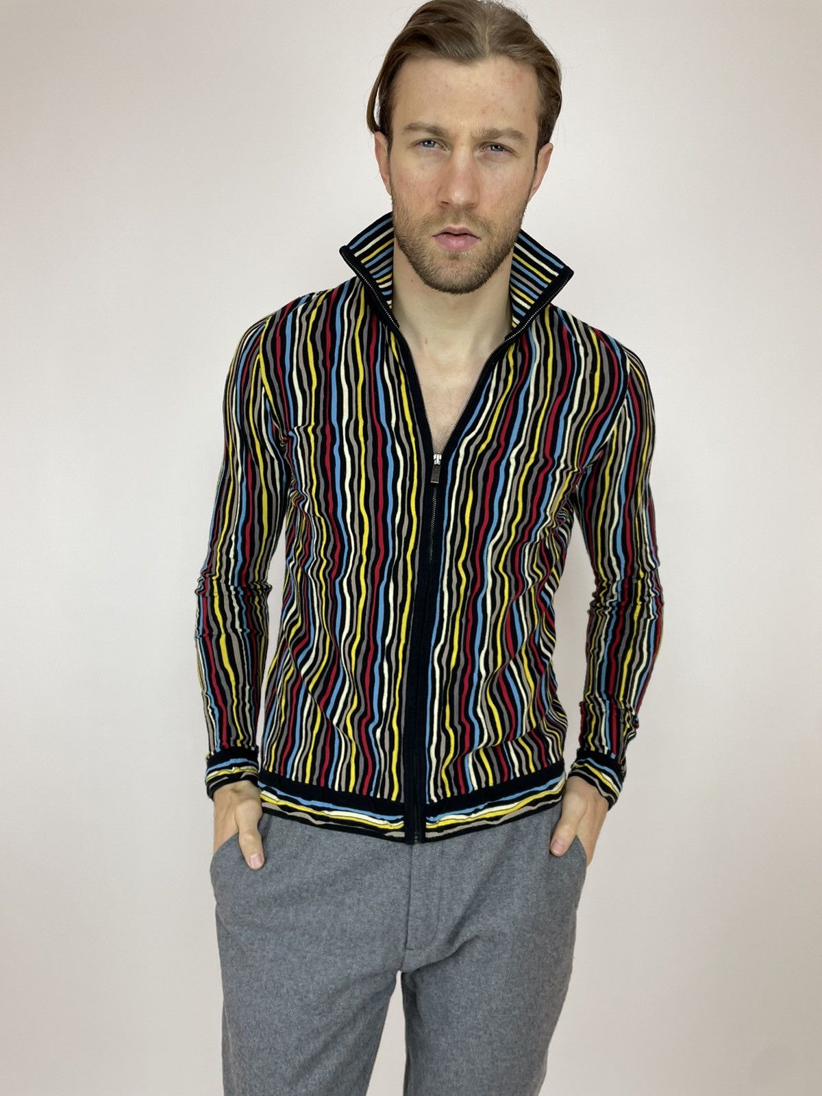 image of Carlo Colucci Striped Multicolour Cardigan Sweater Size 50, Men's