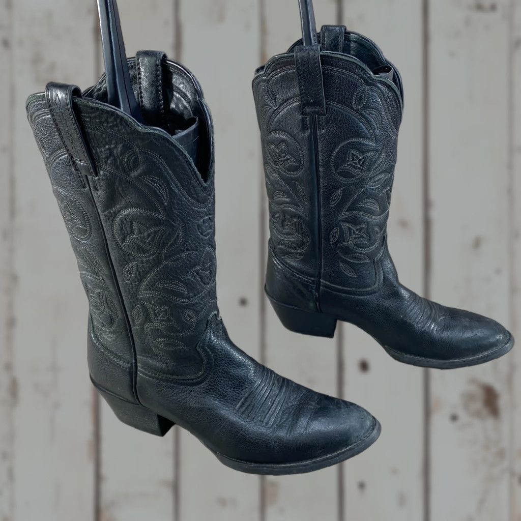 Ariat VINTAGE Ariat Womens 6 B Black Leather Deertan Heritage Round R Toe Cowboy Western Boots Size US 6 / IT 36 - 1 Thumbnail