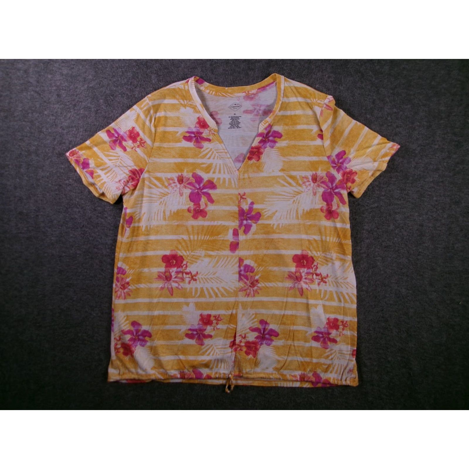 Vintage St Johns Bay Active Top Womens XL Floral V Neck Short Sleeve Drawstring Yellow T-Shirt Size XL / US 12-14 / IT 48-50 - 2 Thumbnail