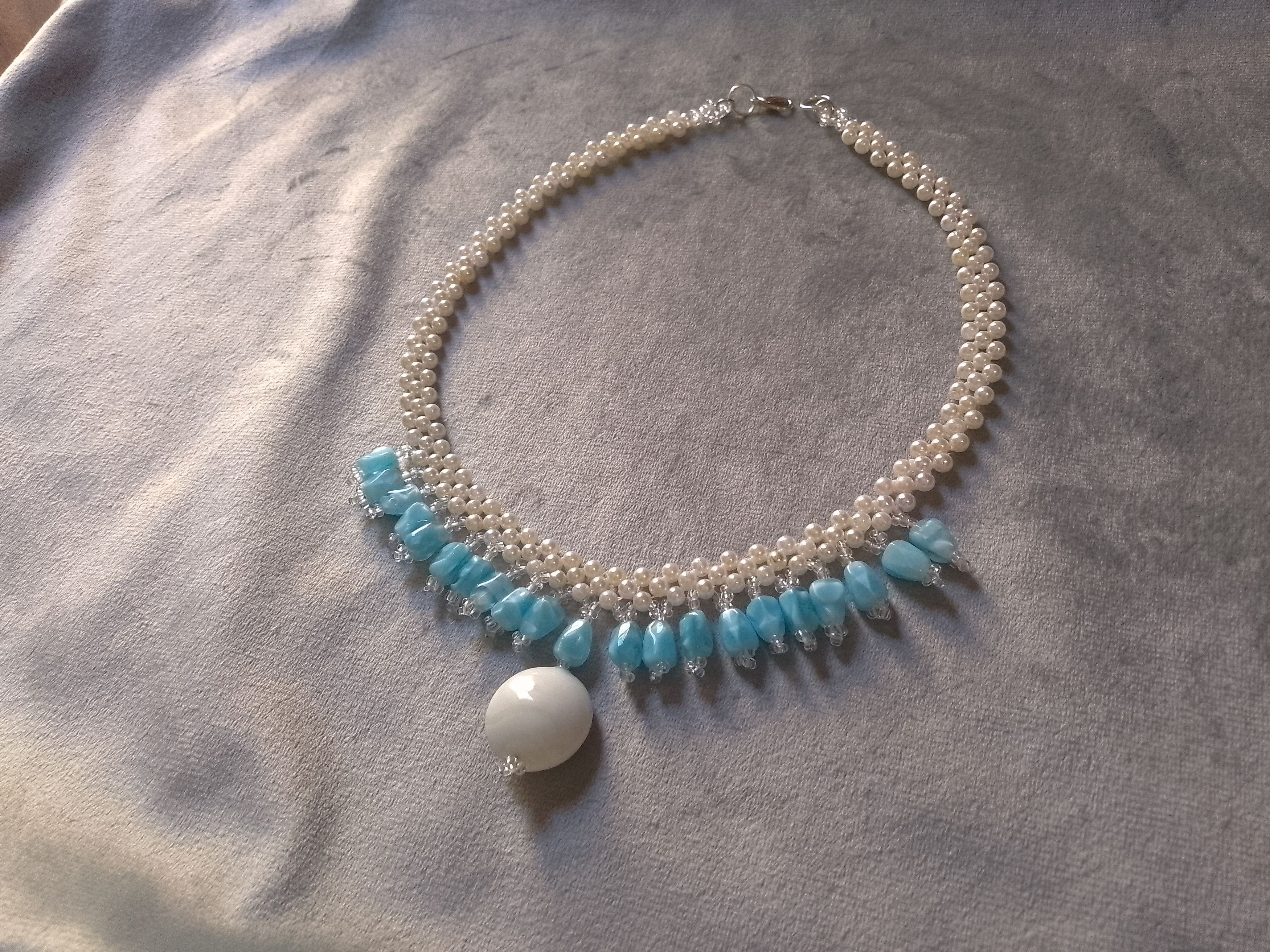 Handmade Pearls necklace with resin blue stones and ceramics Size ONE SIZE - 3 Thumbnail