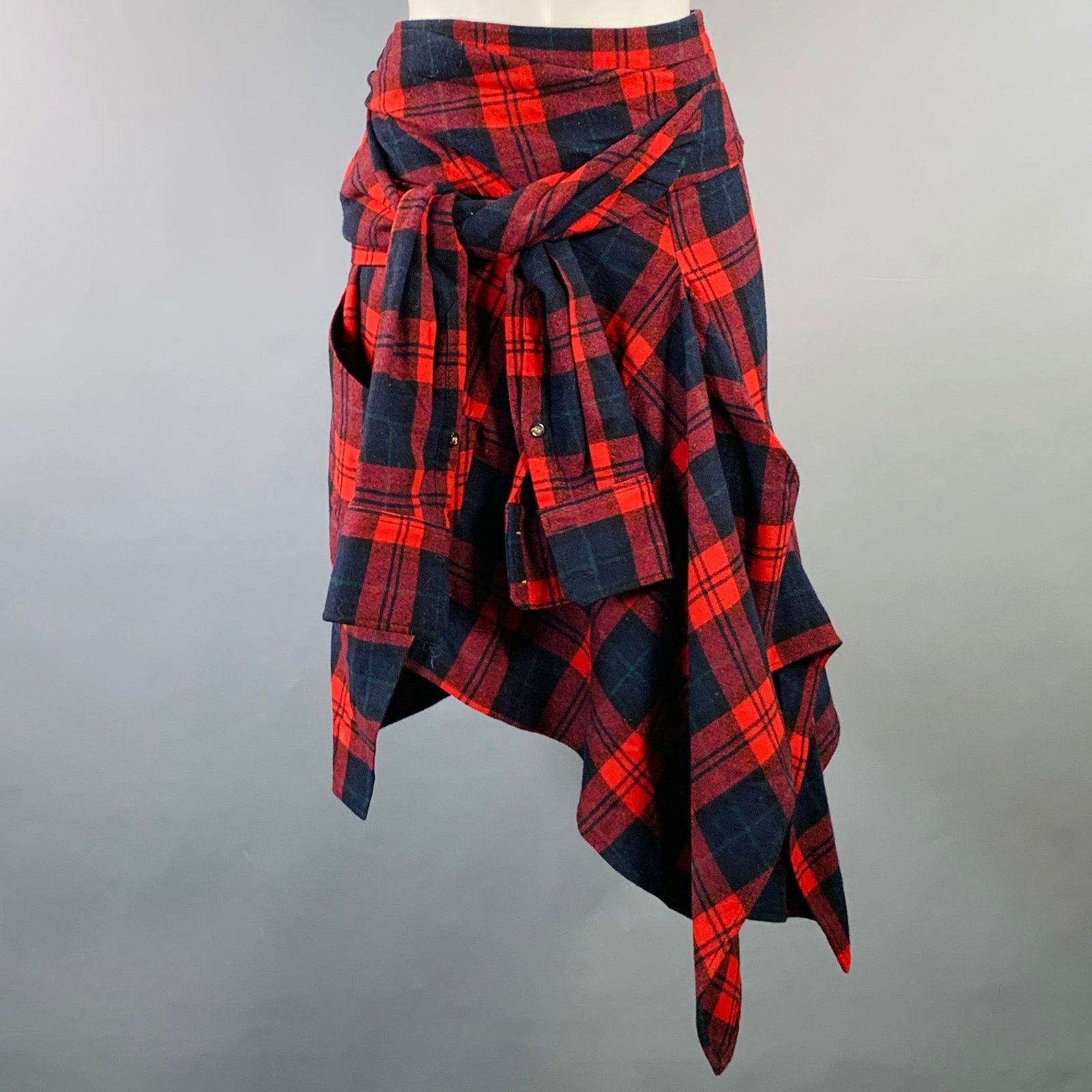 Dsquared2 DSQUARED2 Red Navy Black Wool Blend Plaid Asymmetrical Skirt Size 26" / US 2 / IT 38 - 1 Thumbnail