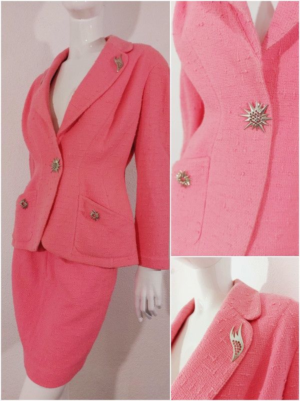image of Thierry Mugler Badge Pin Embellished Pink Brooch Skirt Suit, Women's (Size Medium)