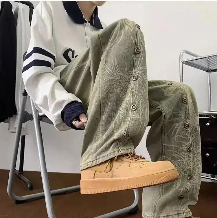 Retro straight leg casual printed jeans