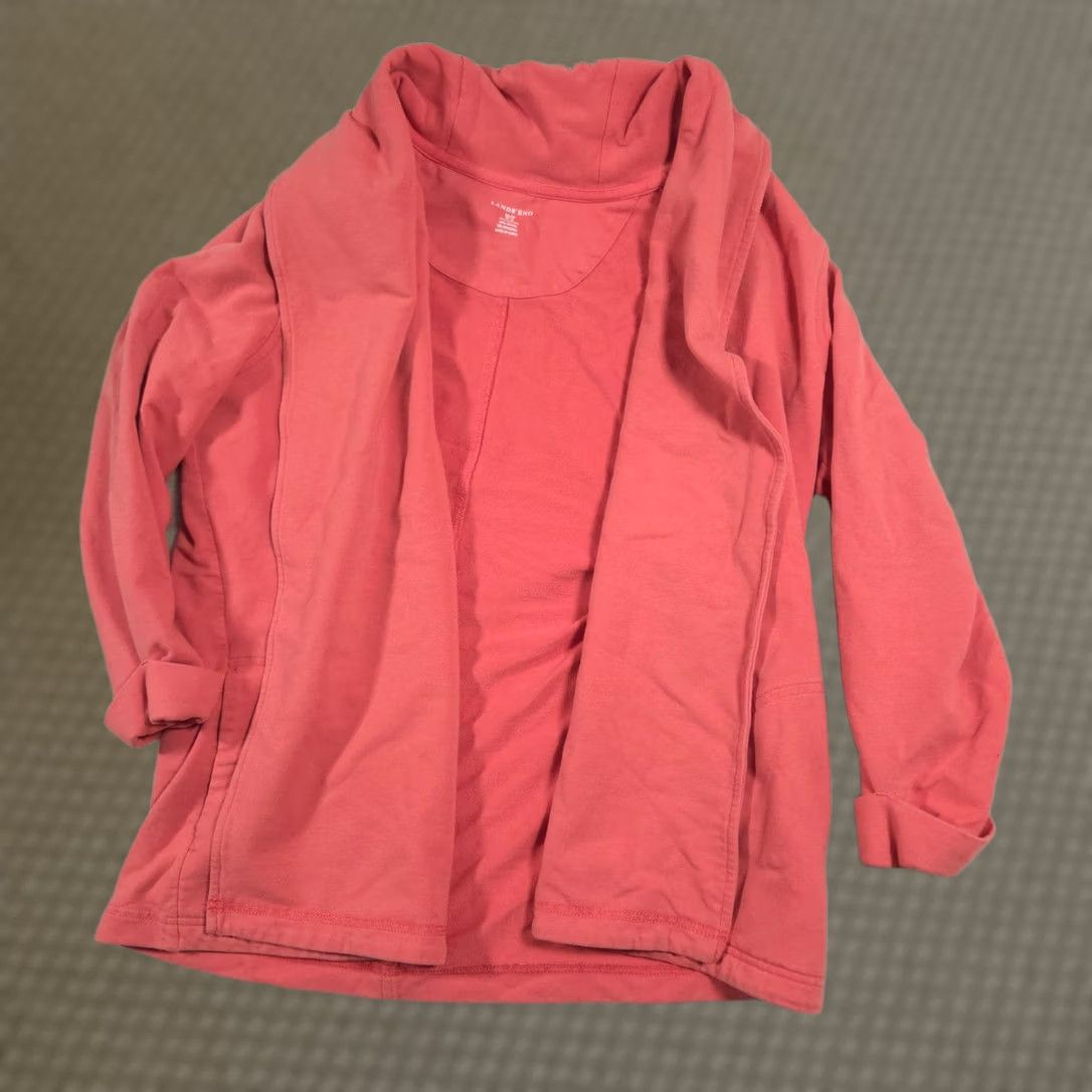 Lands' End Lands' End Jacket Womens Petite Medium Orange Knit Open Front Pockets Collar Size M / US 6-8 / IT 42-44 - 1 Thumbnail