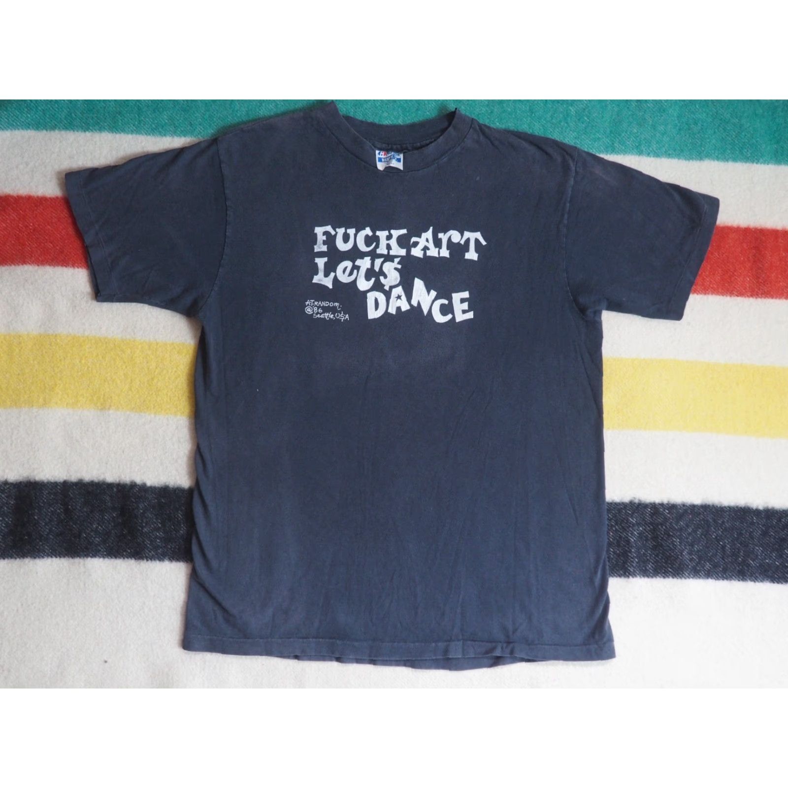 Hanes VTG Hanes T-Shirt Punk Black Logo 80s F**k Art Lets Dance Faded Tee Men L Size US L / EU 52-54 / 3 - 2 Thumbnail