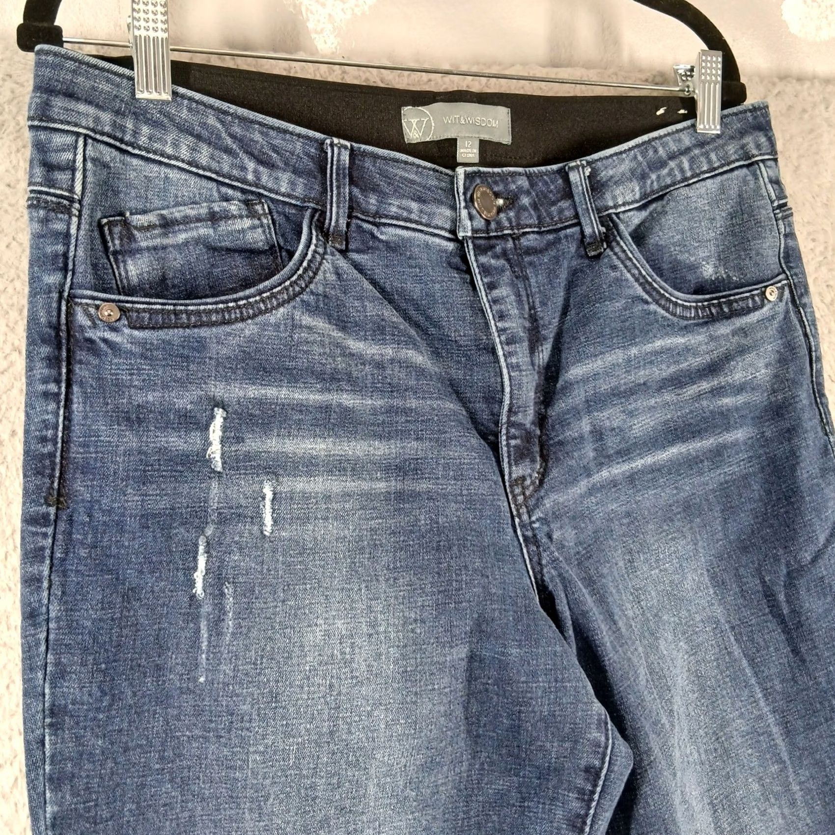 Vintage Wit & Wisdom Jeans 12 Ab-Solution Distressed Straight Leg Denim 5-Pocket Blue EUC Women Size 34" / US 12 / IT 48 - 7 Thumbnail