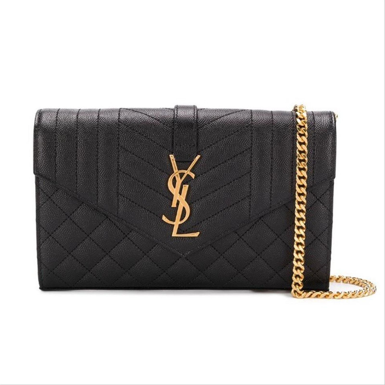 Saint Laurent Paris Envelope Monogram Quilted Leather Wallet On Chain Clutch Bag in Black, Women's
