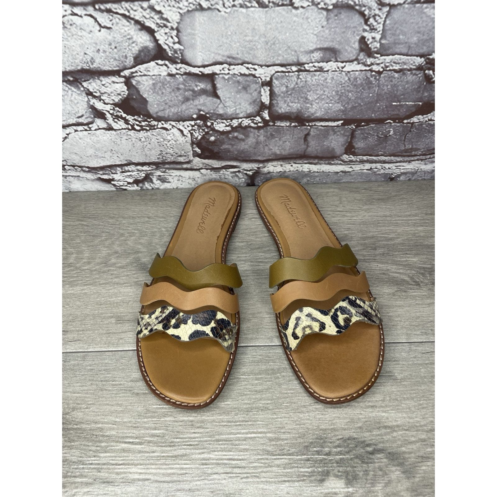 Madewell Madewell Brown Green Wavy Snake Embossed Leather Slides Flat Size US 6.5 / IT 36.5 - 2 Thumbnail
