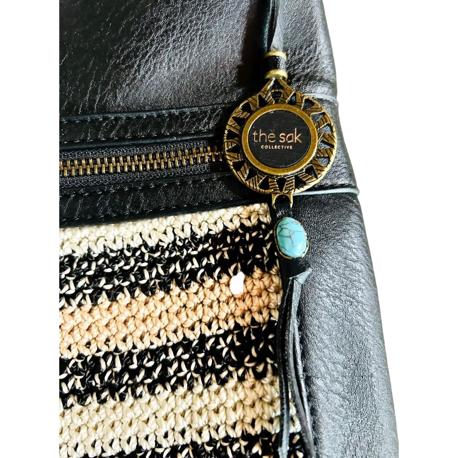 The Sak VINTAGE The Sak Black Faux Leather Hobo Bag Shoulder Purse Crochet Trim Boho Women’s Size ONE SIZE - 5 Thumbnail