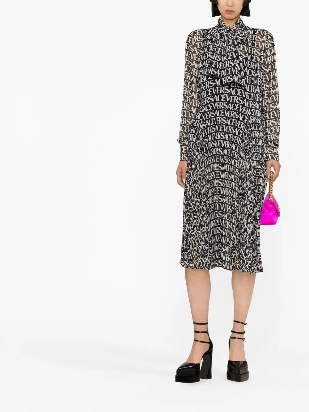 Versace o1y0226 Silk Midi Dress in Black/White Size XS / US 0-2 / IT 36-38 - 4 Thumbnail
