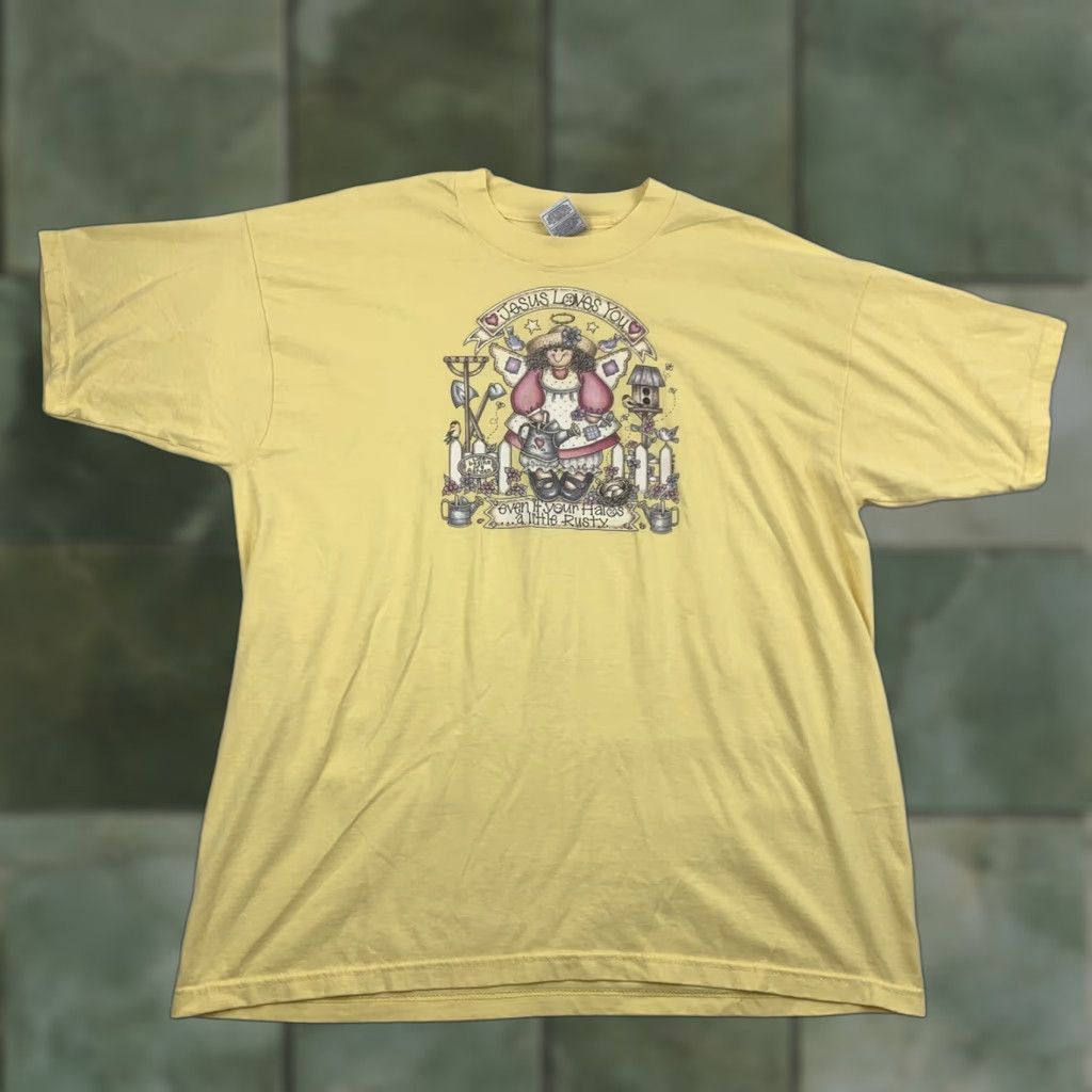 Fruit Of The Loom VINTAGE Fruit of the Loom T-Shirt Womens XL Jesus Loves You Grandma Style Gardening Angel Yellow 90s Jesus Christ Garden Womens Size XL / US 12-14 / IT 48-50 - 1 Thumbnail