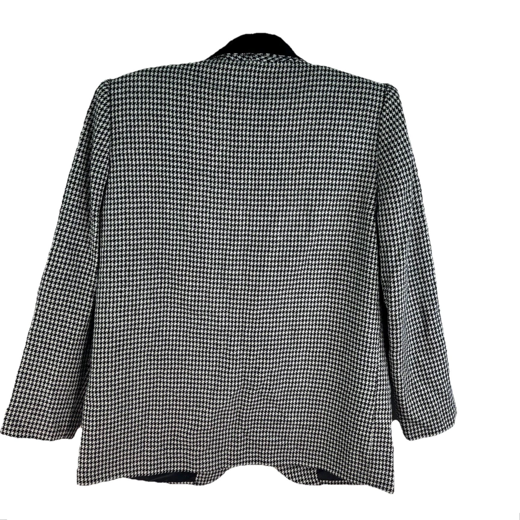 VINTAGE Sag Harbor Blazer Jacket Wool Blend Black White Velvet Collar Women 8P Houndstooth Button Mid-Length Long Sleeve Tailored 90s
