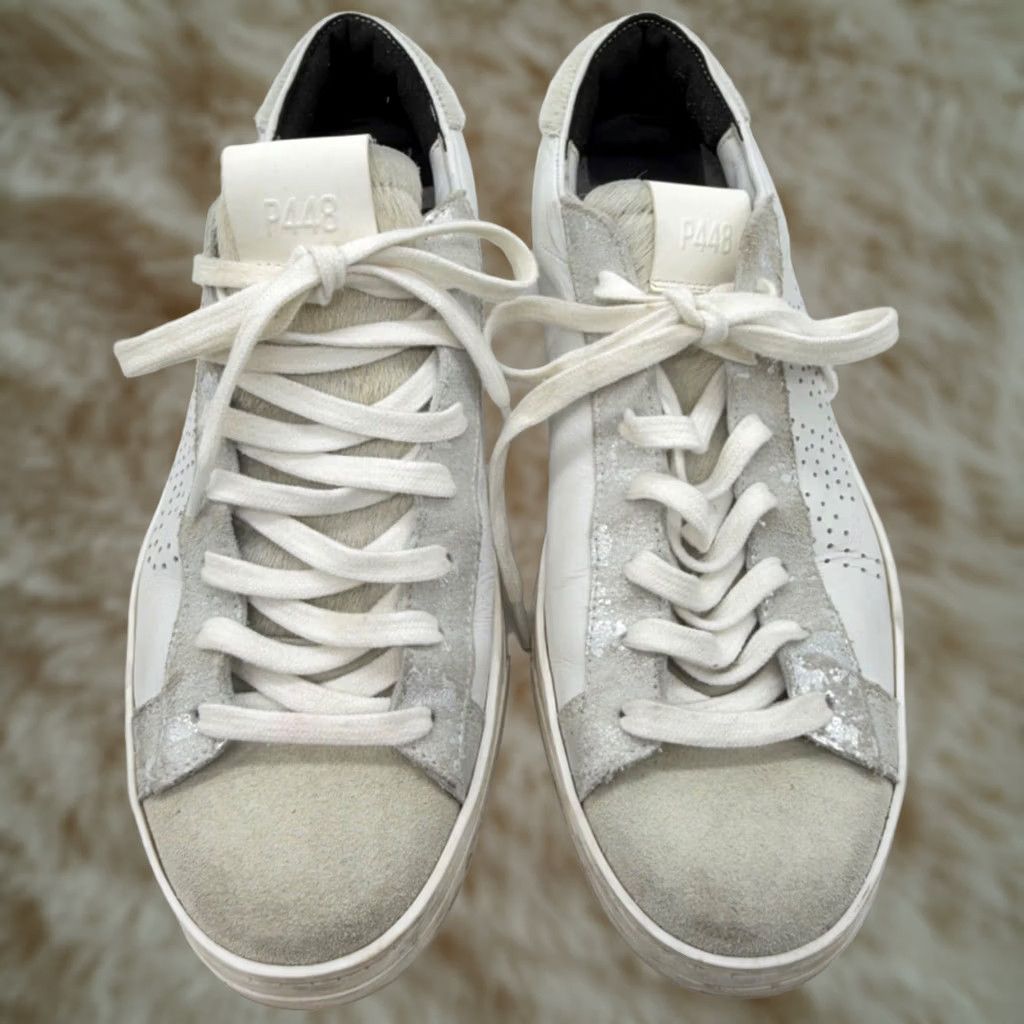 P448 P448 Womens John Low Top Sneaker Shoes Size 40 White Silver Horse Hair Lace Up Size M / US 6-8 / IT 42-44 - 1 Thumbnail