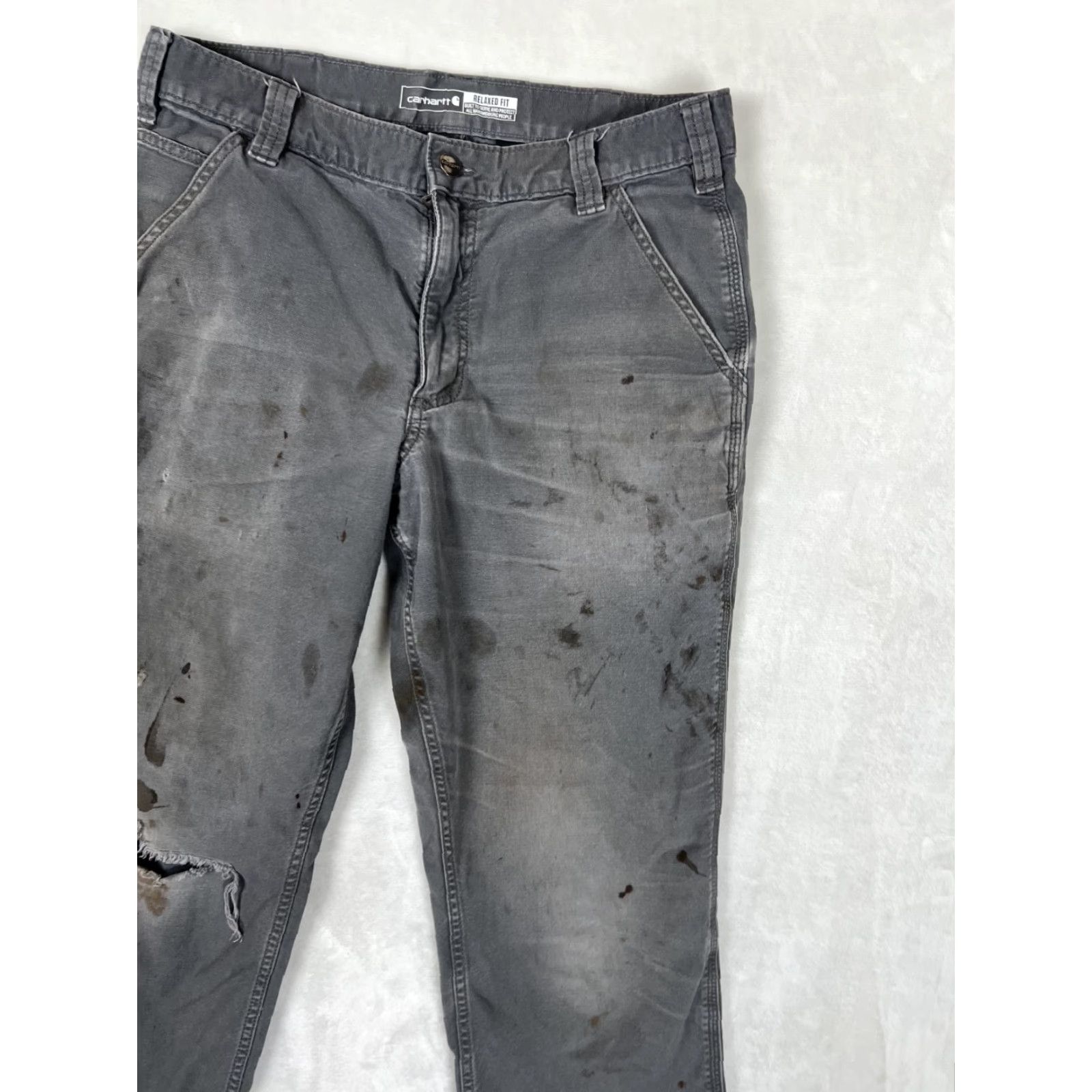 Carhartt Carhartt 34x30 Men's Relaxed Fit Canvas Pants BN2291M Gray Stained Grunge Vintage No Casual Workwear Carpenter 5-Pocket Logo Zipper Button Size US 34 / EU 50 - 4 Thumbnail