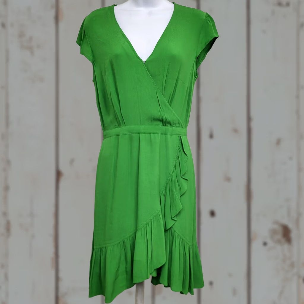 j crew green wrap dress J.Crew J.CREW Women's Size 0 Crepe Flounce Ruffled Faux Mini Preppy Cap Sleeve Knee Length V-Neck Womens dresses