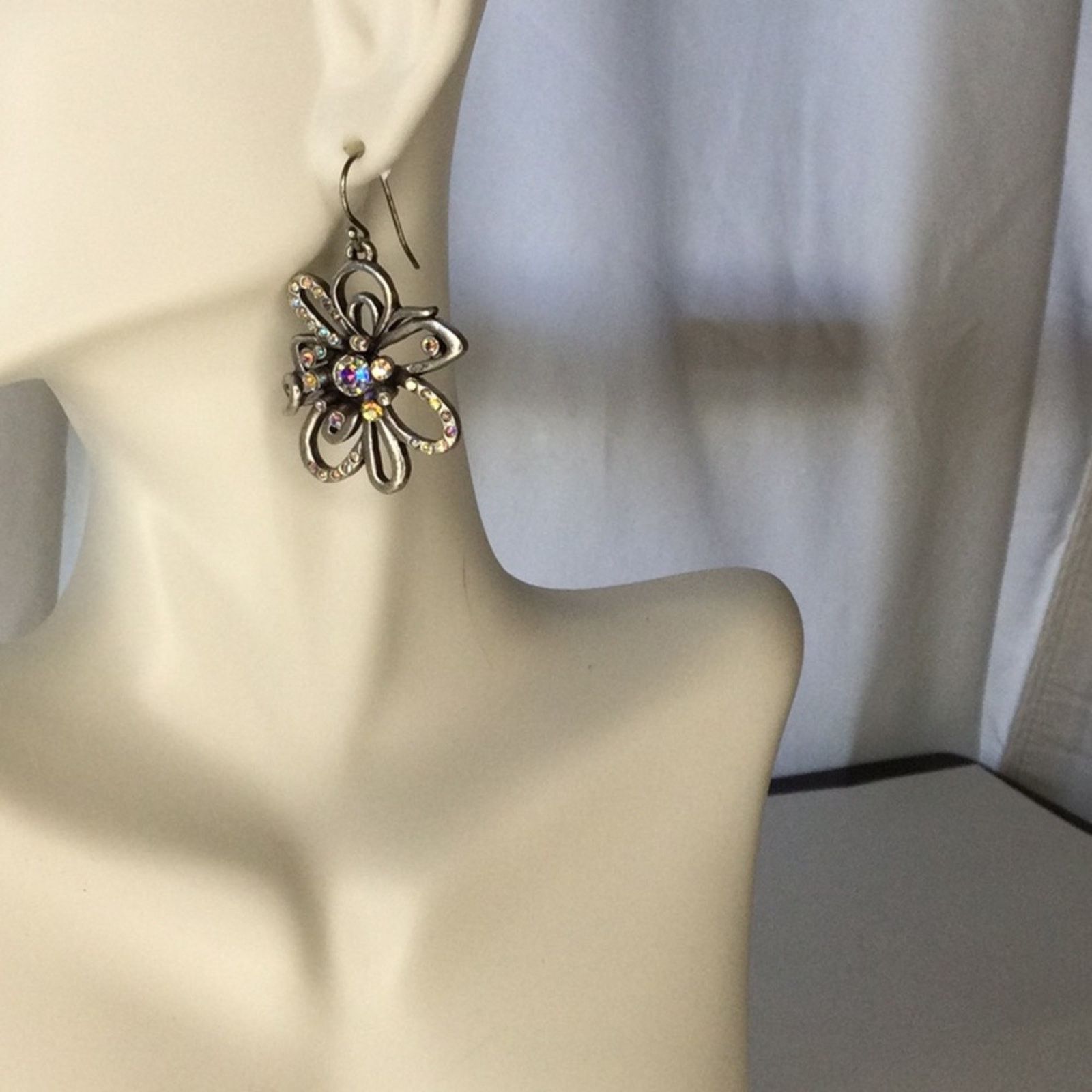 Chicos Chico's Silver & Rhinestone Floral Dangle Drop Earrings Size ONE SIZE - 9 Thumbnail