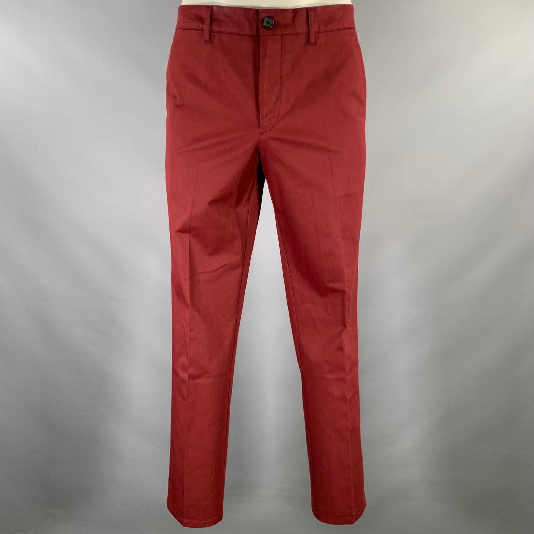 image of Prada Burgundy Cotton Blend Zip Fly Dress Pants, Men's (Size 34)