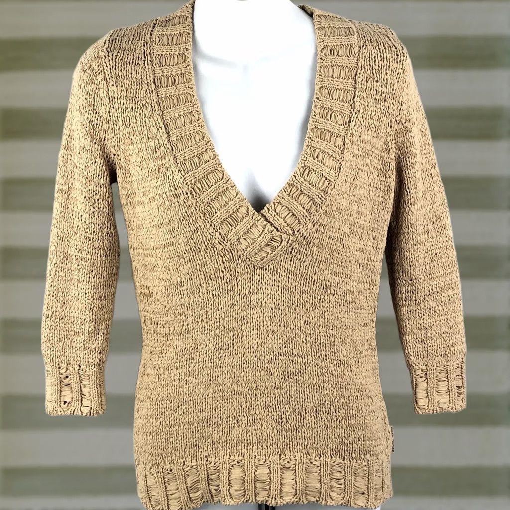 DKNY DKNY Ribbon Weave Knit Sweater XS Tan Plunge V-Neck 3/4 Sleeve Boho Y2K Cottage Bohemian Designer Womens XS Tan DKNY Ribbon Weave Knit Sweater Size XS / US 0-2 / IT 36-38 - 1 Thumbnail