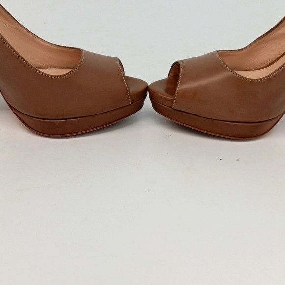 Prada Prada Women's Tan Leather Peep Toe Platform Heels - EU37/US7 Size US 7 / IT 37 - 9 Thumbnail