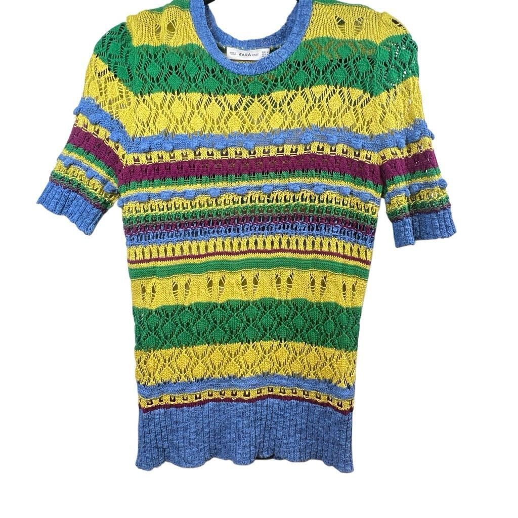 Zara Zara Knit Multicolor Open Weave Short Sleeve Sweater Top Size M (351) Size M / US 6-8 / IT 42-44 - 4 Thumbnail