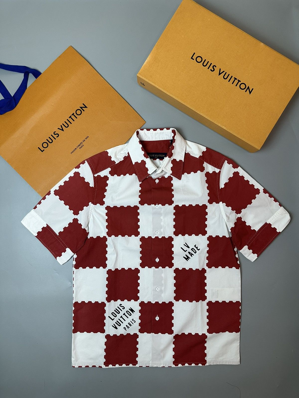 image of Louis Vuitton x Nigo Giant Damier - Short Sleeved Shirt in Red/White, Men's (Size XS)