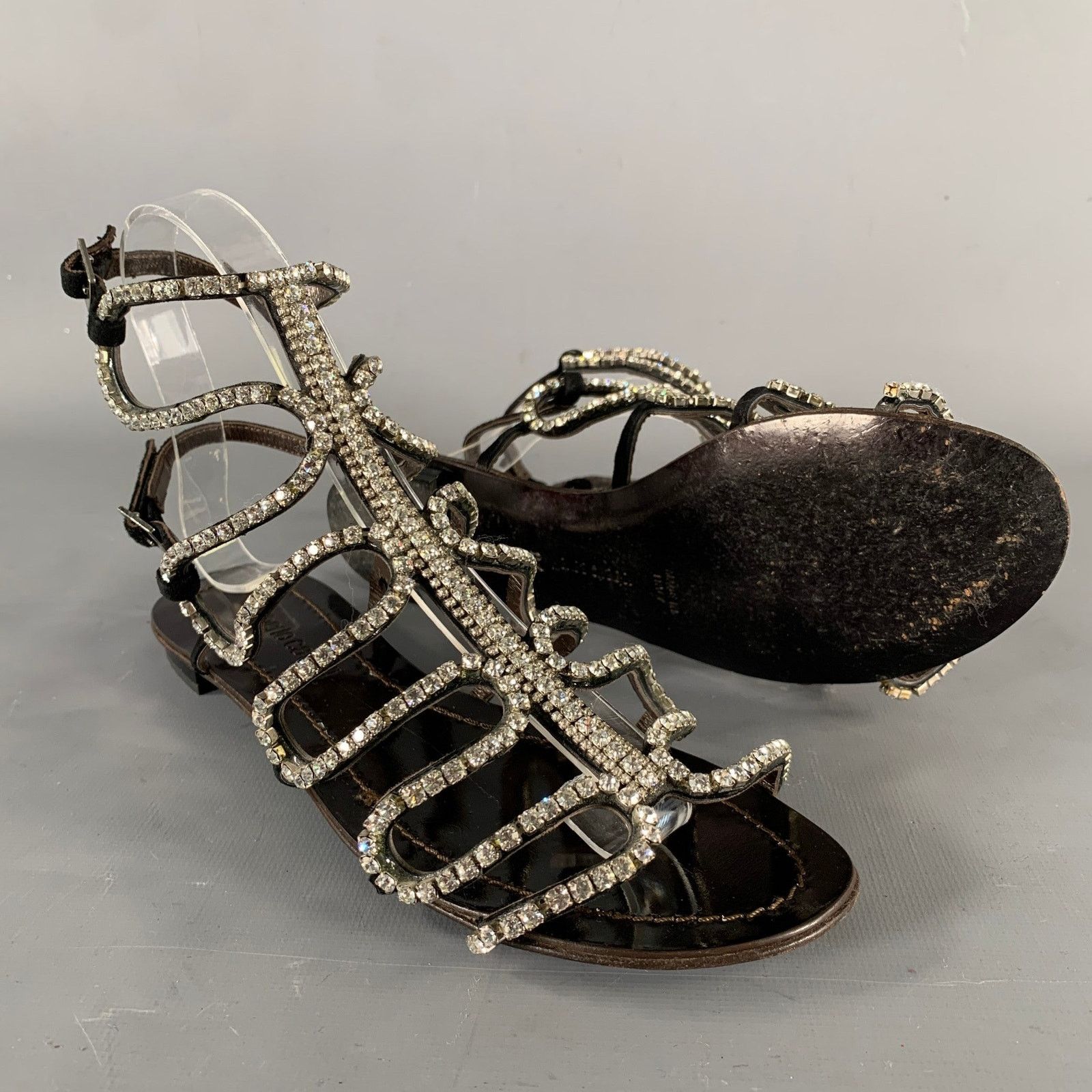 Roberto Cavalli Size 7 Black Rhinestone Leather Gladiator Sandals Size US 7 / IT 37 - 5 Thumbnail