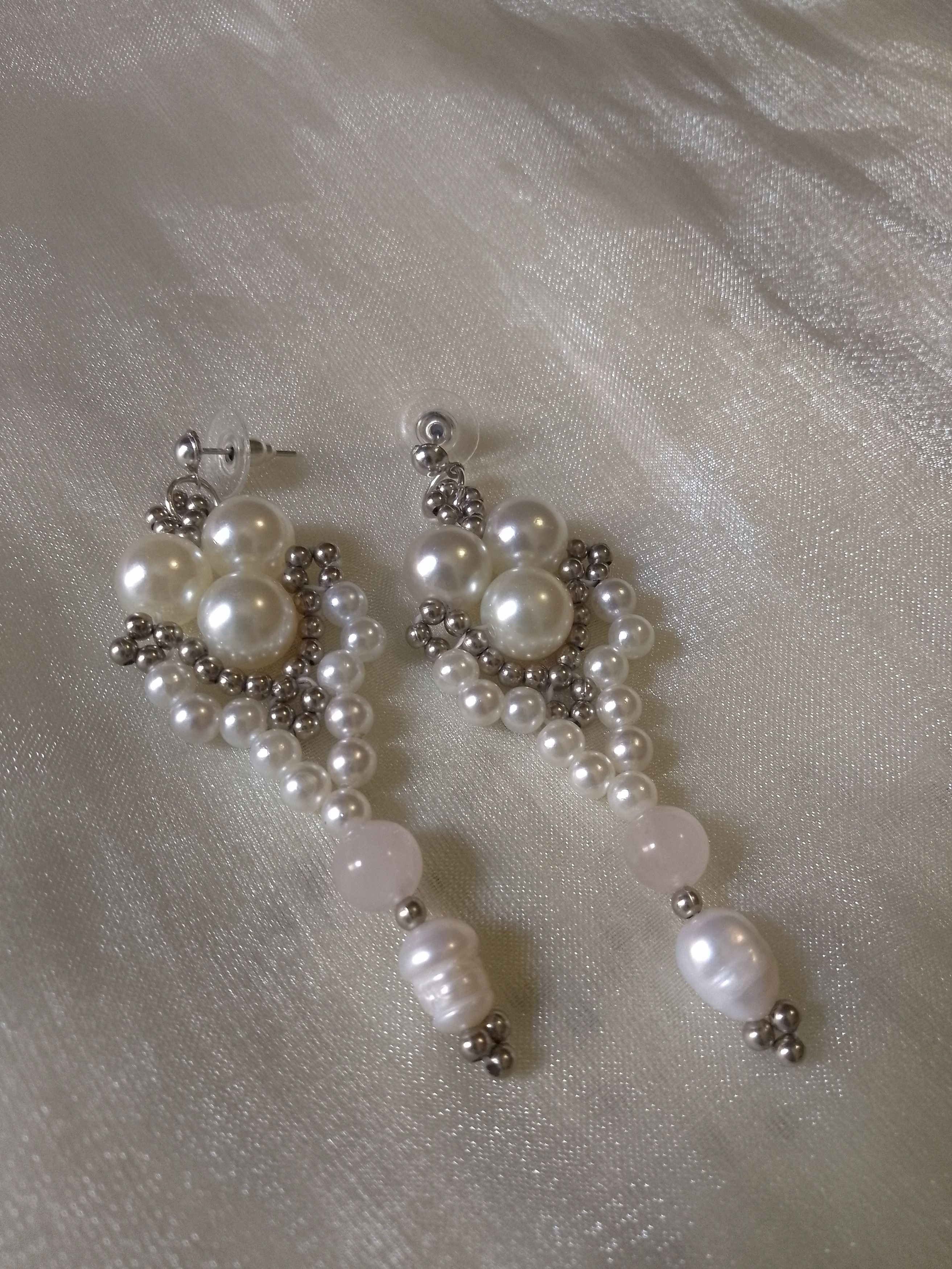 Handmade Earrings with freshwater pearls Rose Quartz gemstones Size ONE SIZE - 3 Thumbnail