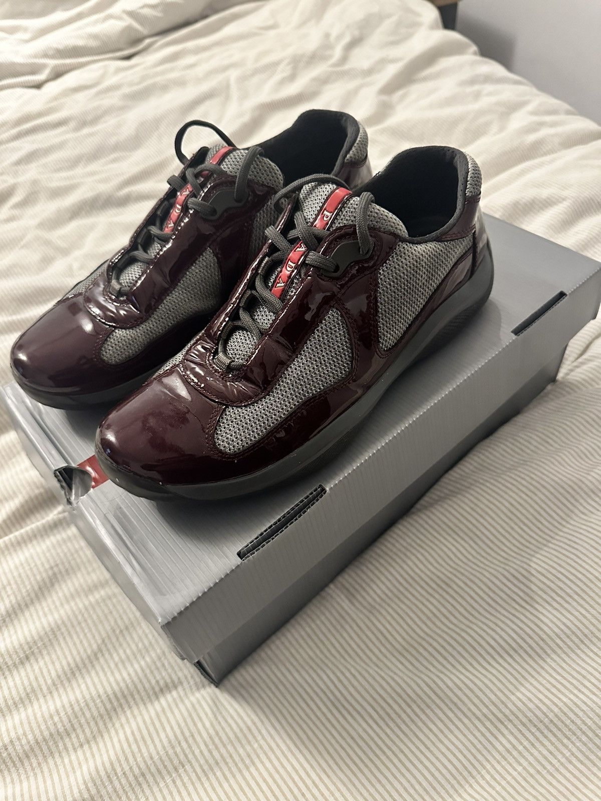 Prada Americas Cup Sneakers Patent Leather Burgundy Grailed