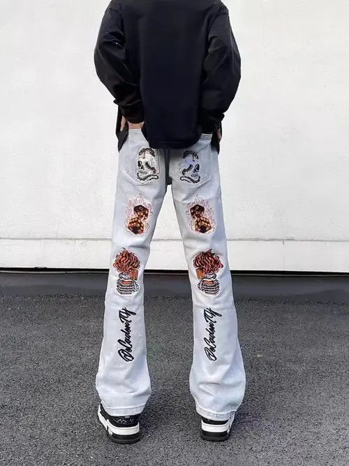 Jean Street Hip Hop Flame Skull Embroidered Jeans Size US 34 / EU 50 - 1 Thumbnail