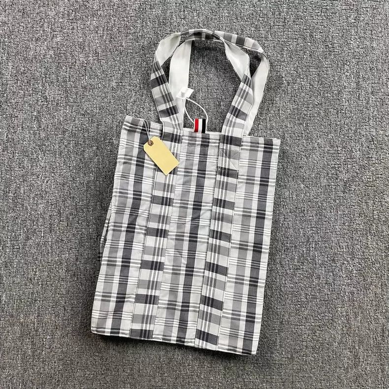 THOM BROWNE Gray White Plaid Tote Bag- dmc