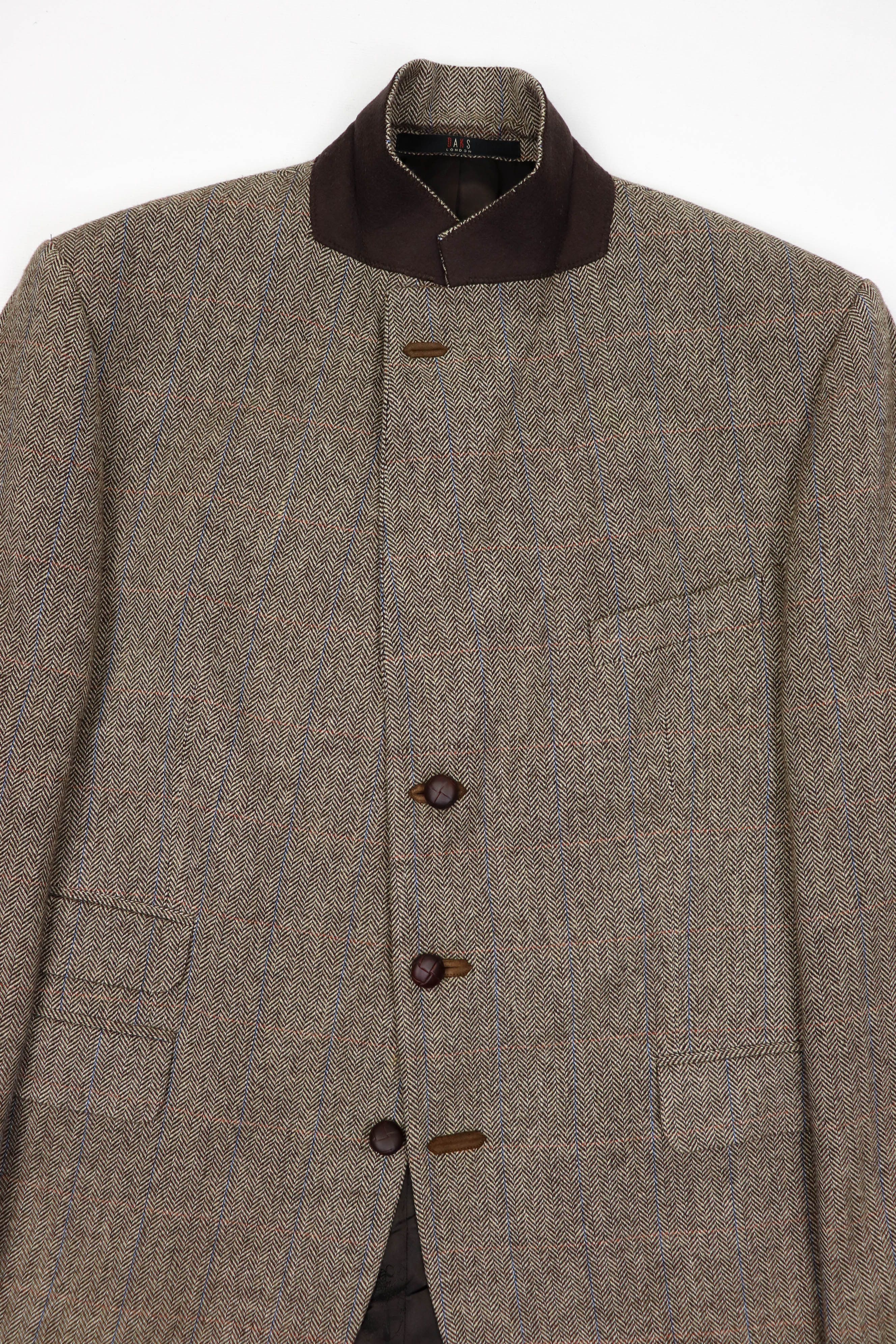 DAKS DAKS Beige Herringbone Tweed Wool Sport Coat Blazer Jacket Size 46R - 3 Thumbnail