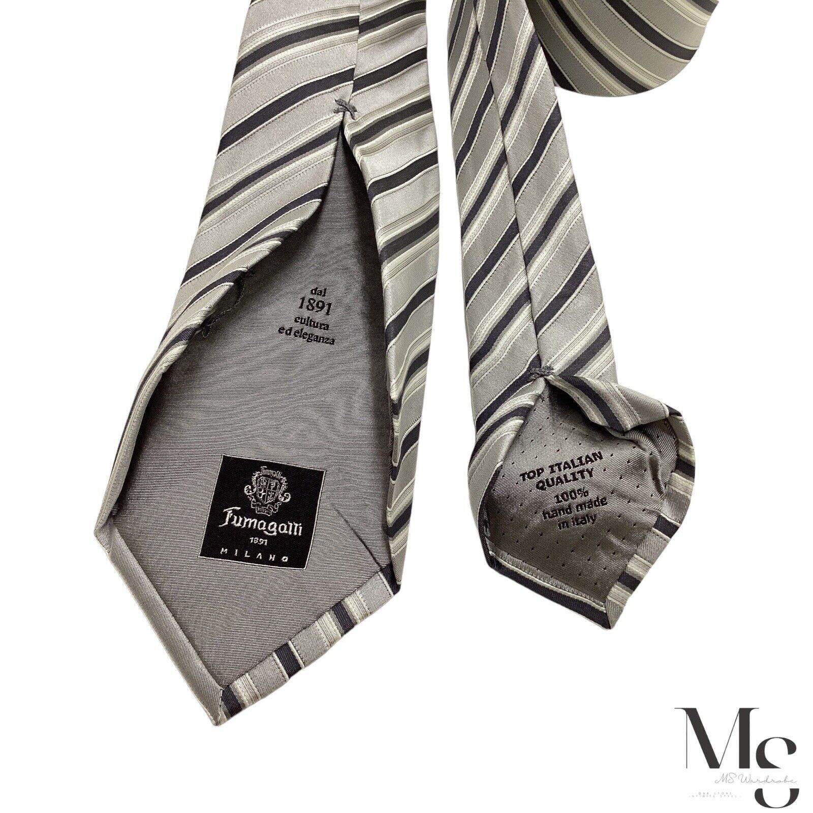 Fumagalli FUMAGALLI Trifold Gray Striped Silk Tie Hand Made In Italy Size ONE SIZE - 5 Thumbnail