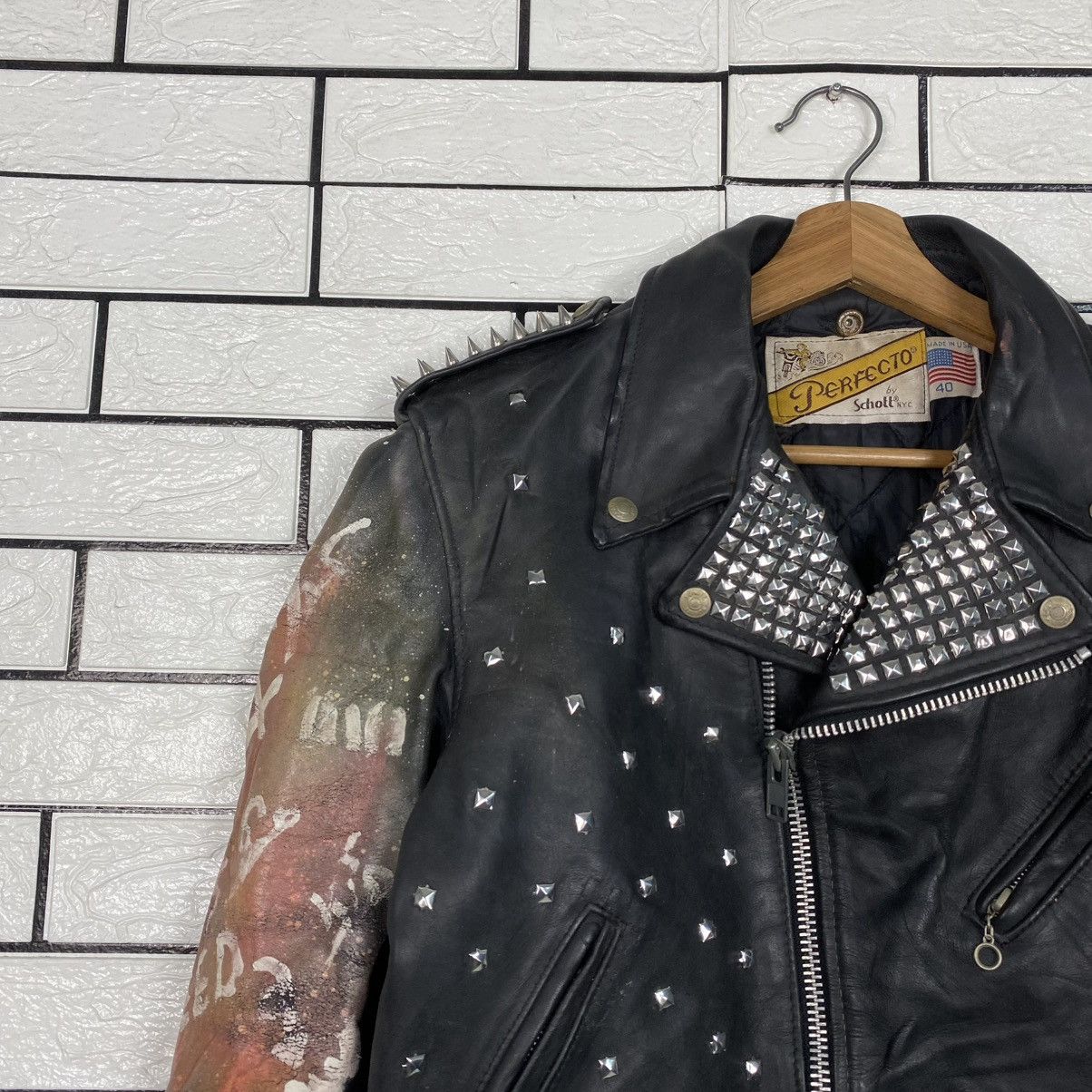 Schott 🔥VINTAGE LEATHER JACKET SCHOTT PERFECTO DOUBLE COLLAR PUNK Size US M / EU 48-50 / 2 - 6 Thumbnail