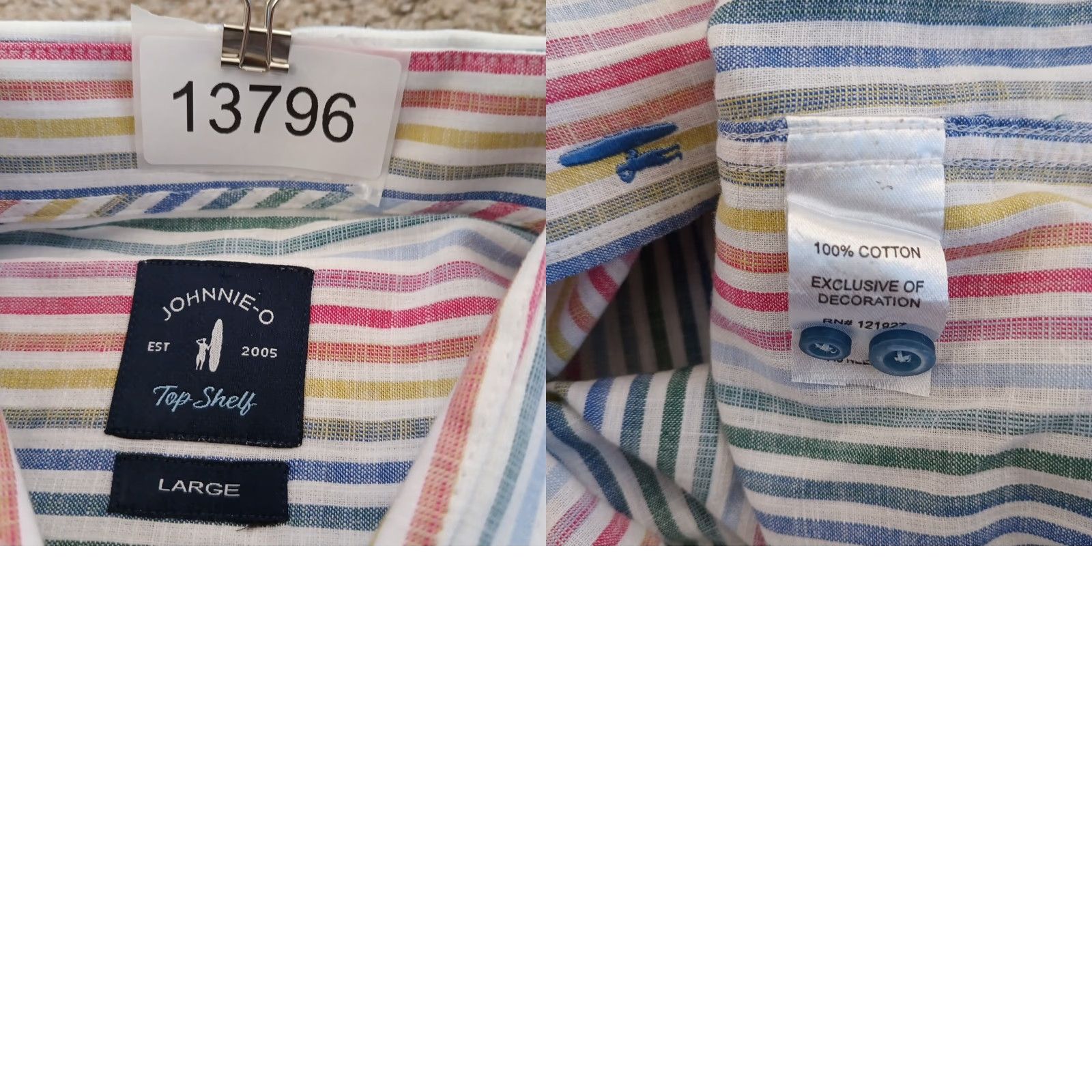 johnnie-O johnnie-O Shirt Mens Large Multicolor Striped Short Sleeve Button-Up Cotton Size US L / EU 52-54 / 3 - 8 Thumbnail
