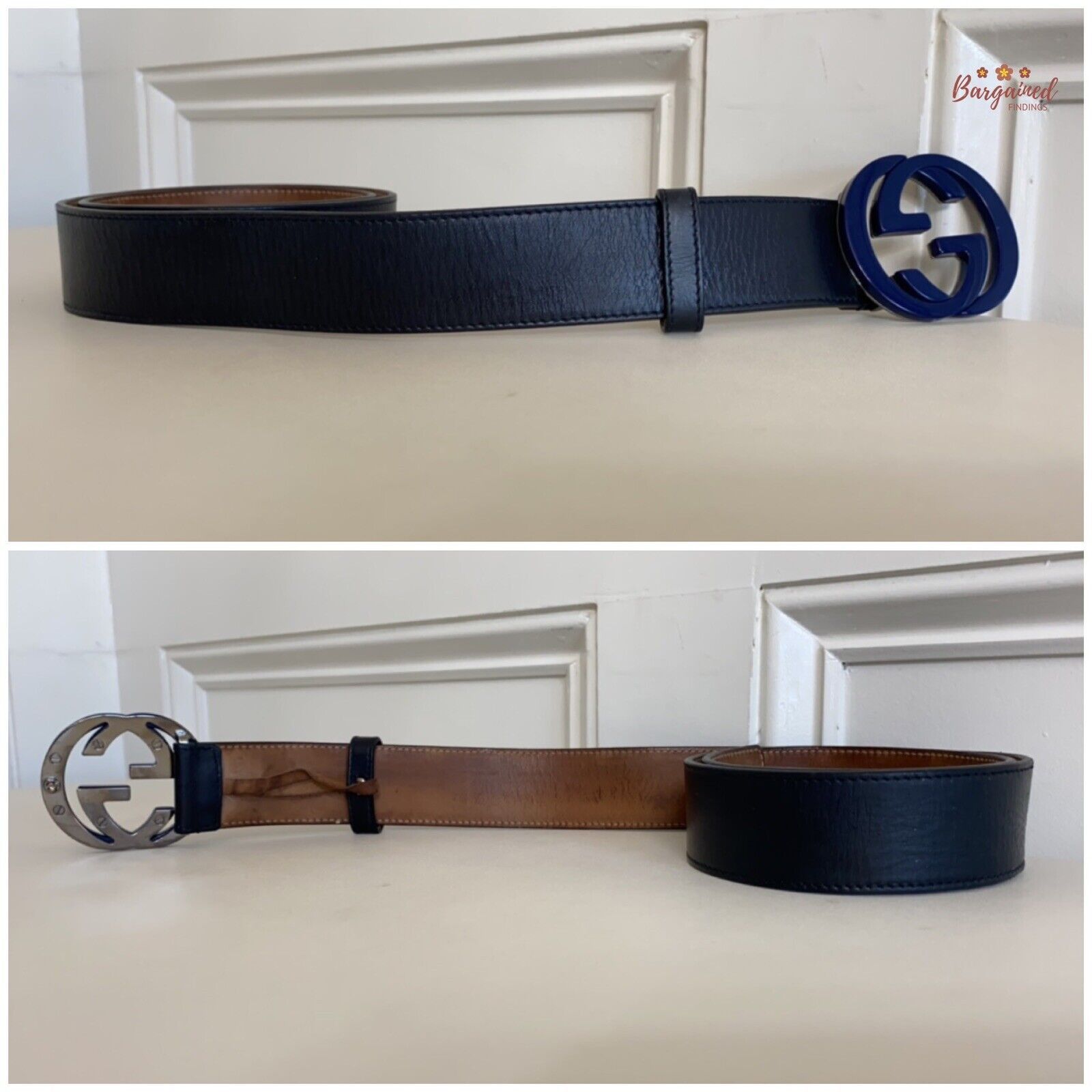 Gucci GUCCI Black Calfskin Leather Blue Interlocking G Buckle Belt Size 32 - 3 Thumbnail