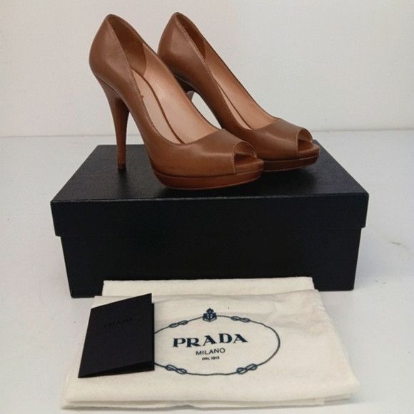 Prada Prada Women's Tan Leather Peep Toe Platform Heels - EU37/US7 Size US 7 / IT 37 - 1 Thumbnail