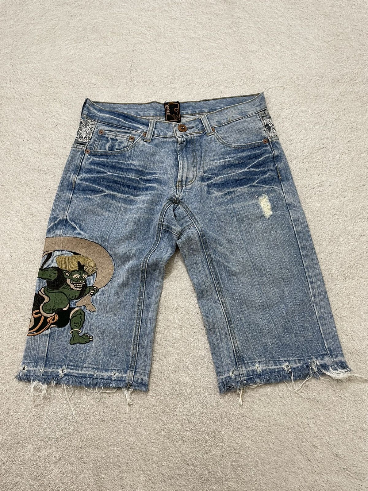 Japanese Brand Kara Kuri Japanes Embroidered Denim Y2K Oni Raijin Patchwork Size US 33 - 1 Thumbnail