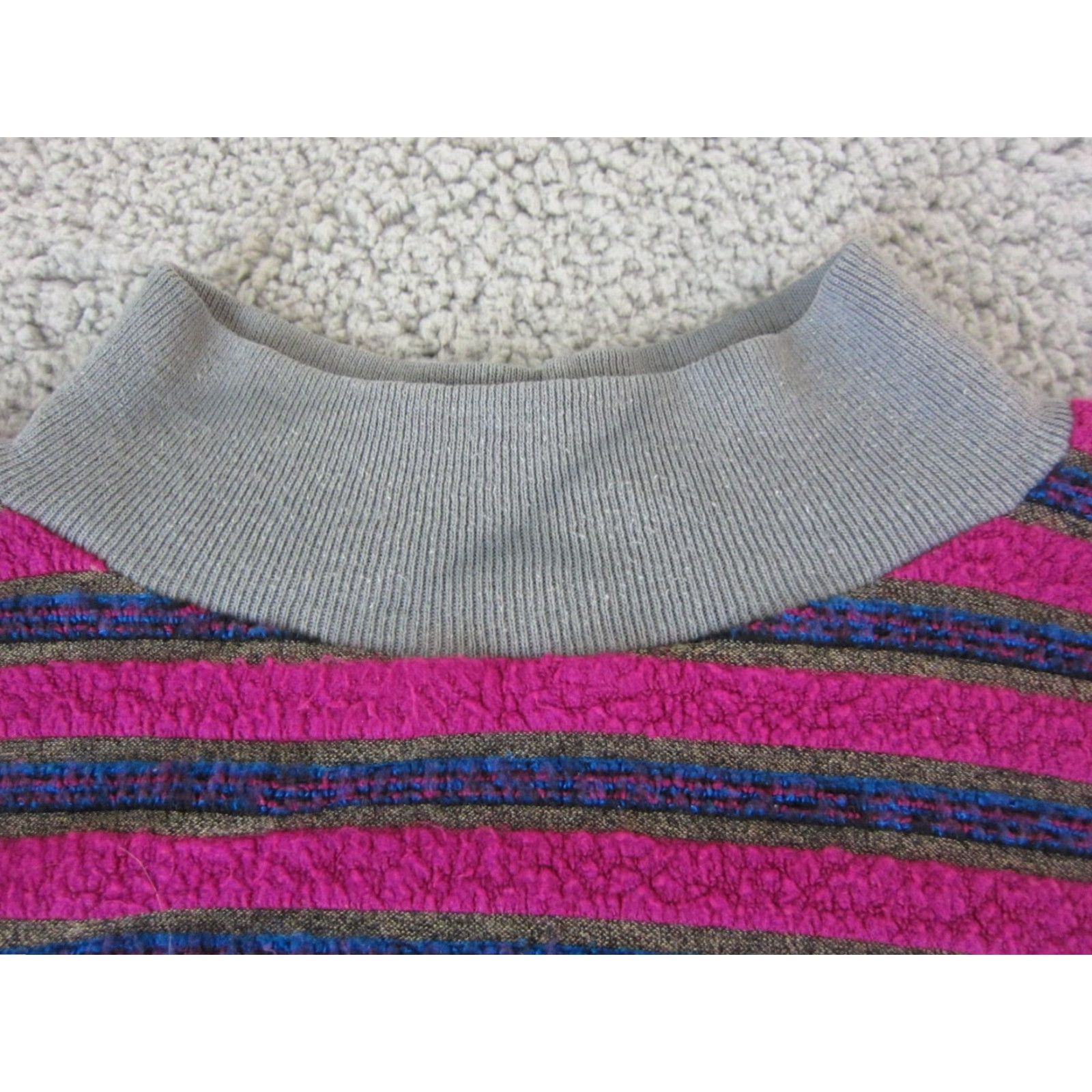 Velour VINTAGE Velour Sweater Womens L Pink Blue Striped 90s High Neck Fleece Pullover Size L / US 10 / IT 46 - 7 Thumbnail