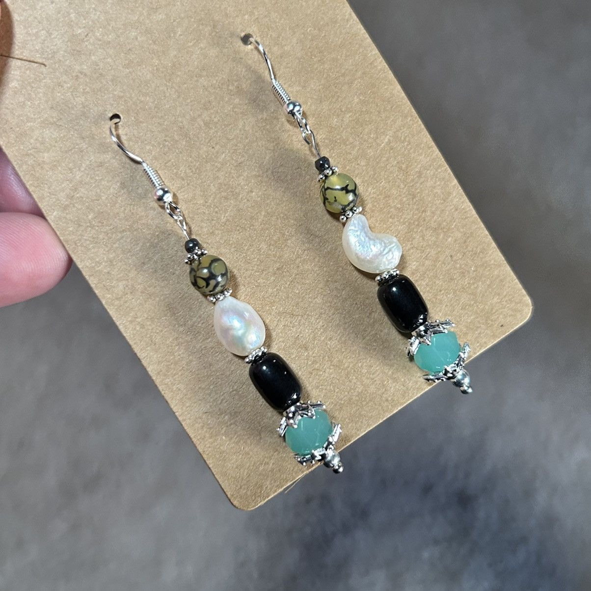 Handmade Handcrafted elegant genuine pearl dragon vein agate earrings Size ONE SIZE - 1 Thumbnail